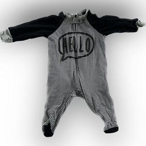 Amazon Essentials Black & White Striped Footed One-Piece with Hello Graphic